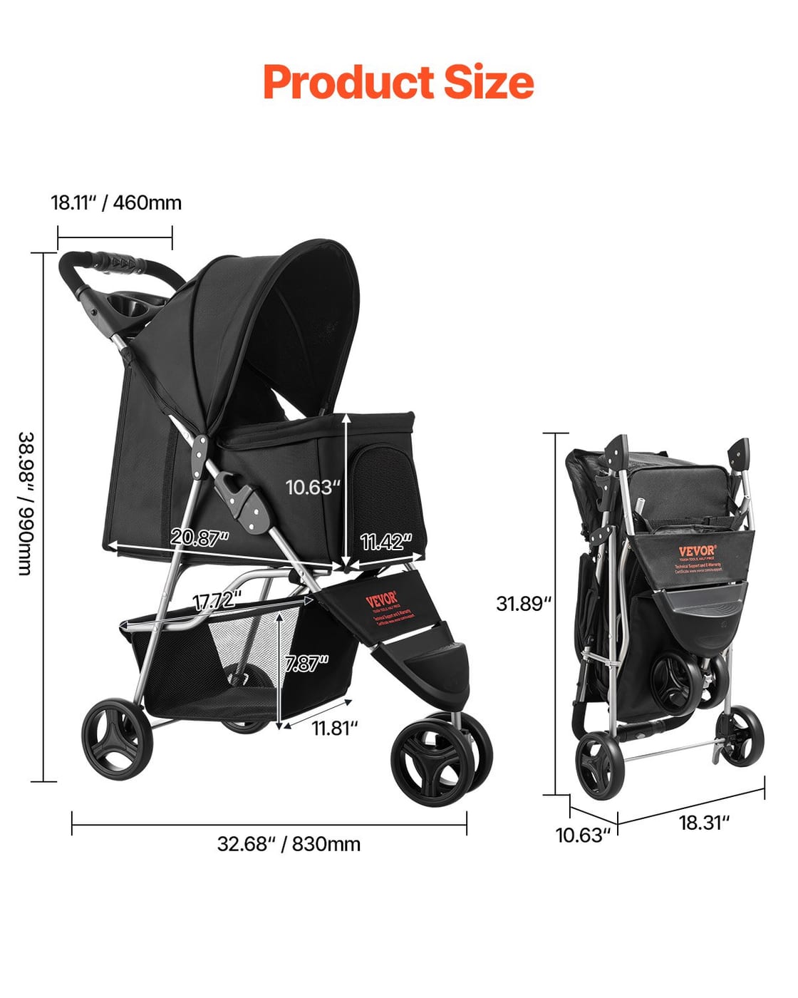 Pet Stroller Foldable 3 Wheels Dog Stroller With Brake Up To 35lbs Travel Camp — view 5