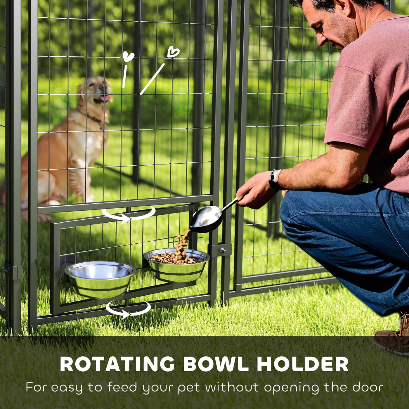 Outdoor Dog Kennel with Rotating Bowl Holders, Pet Playpen with Waterproof Cover, 8 x 4 x 6, Green — view 3