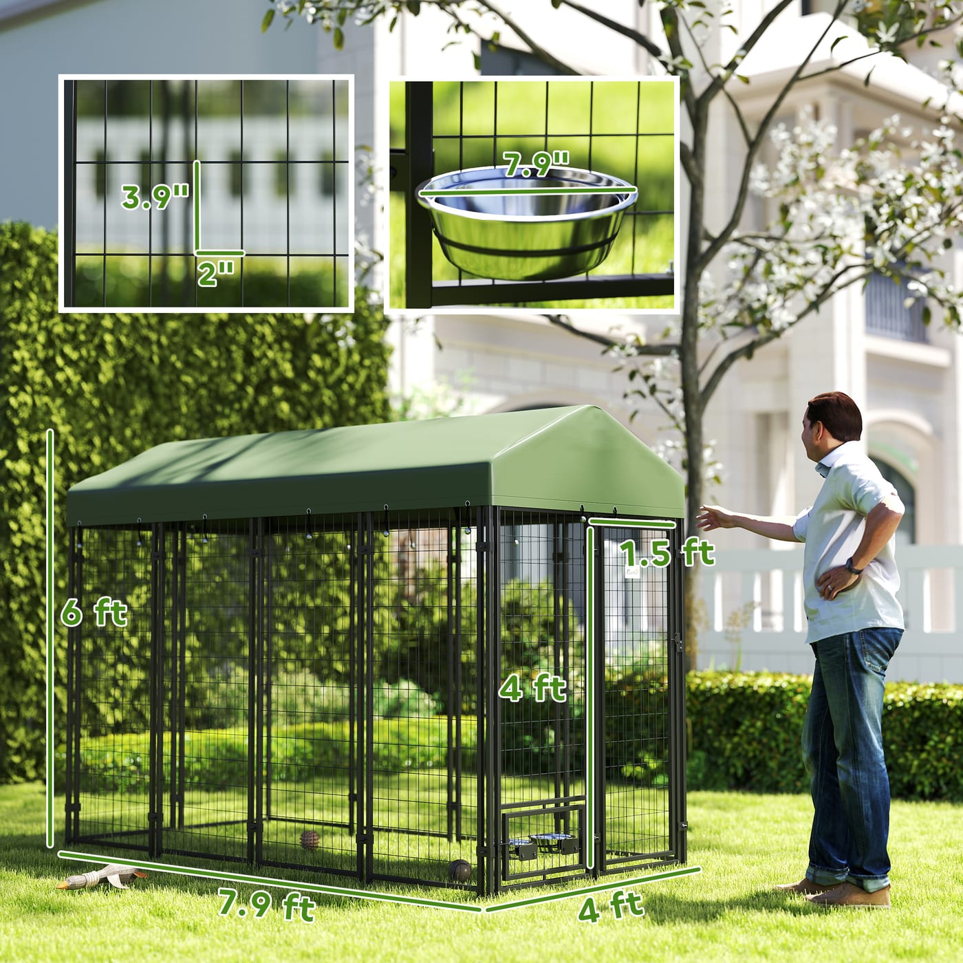 Outdoor Dog Kennel with Rotating Bowl Holders, Pet Playpen with Waterproof Cover, 8 x 4 x 6, Green — view 5
