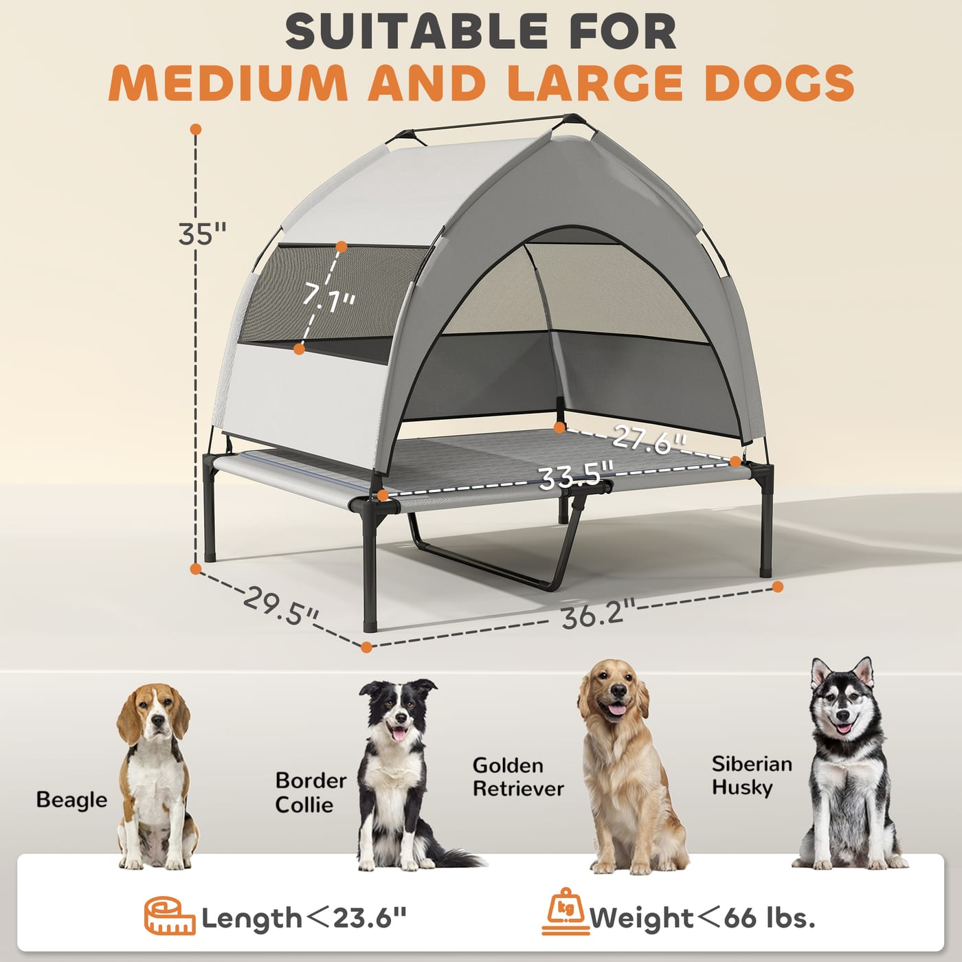 Elevated Dog Bed with Removable Canopy, Portable Outside Raised Pet Cot with Cooling Pad, Storage Bag, 36" x 29.5" x 35" — view 4