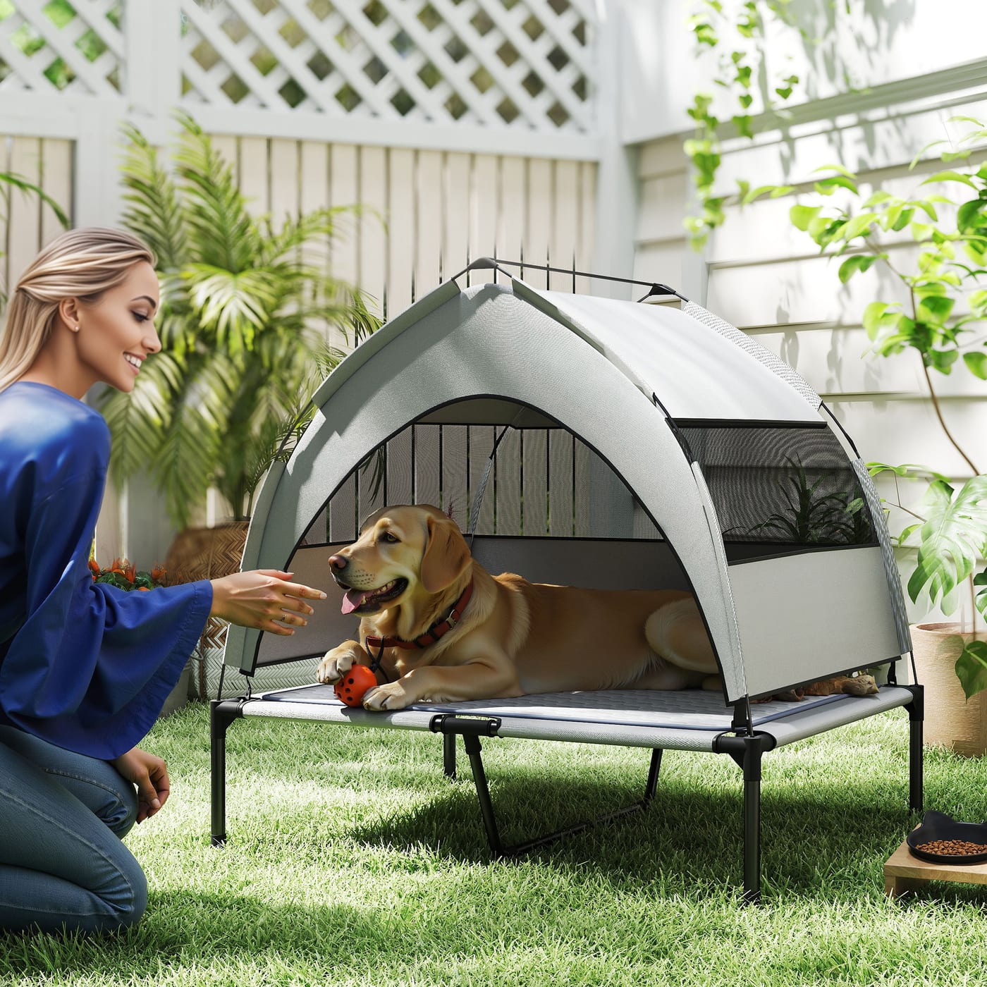 Elevated Dog Bed with Removable Canopy, Portable Outside Raised Pet Cot with Cooling Pad, Storage Bag, 36" x 29.5" x 35" — view 2