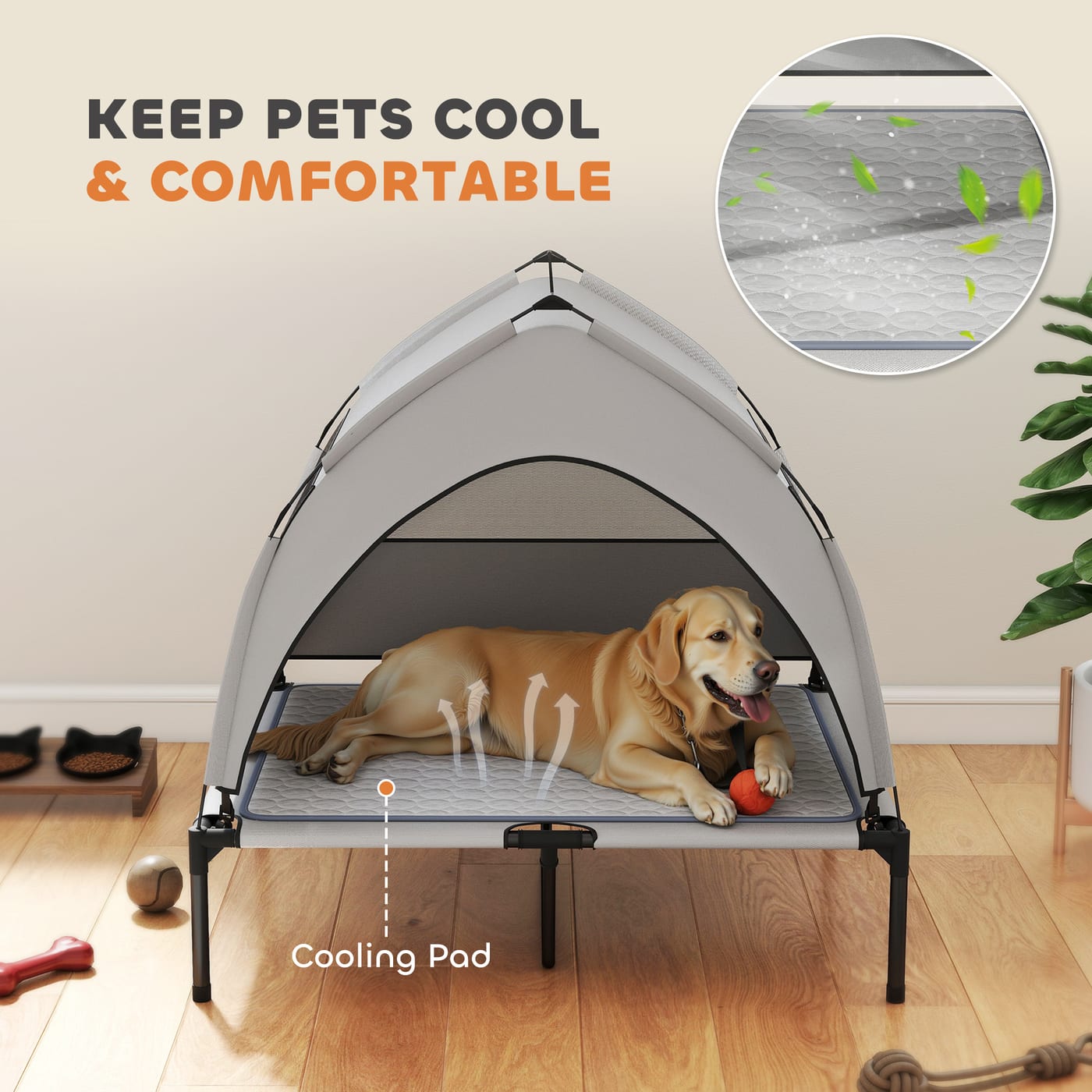 Elevated Dog Bed with Removable Canopy, Portable Outside Raised Pet Cot with Cooling Pad, Storage Bag, 36" x 29.5" x 35" — view 6