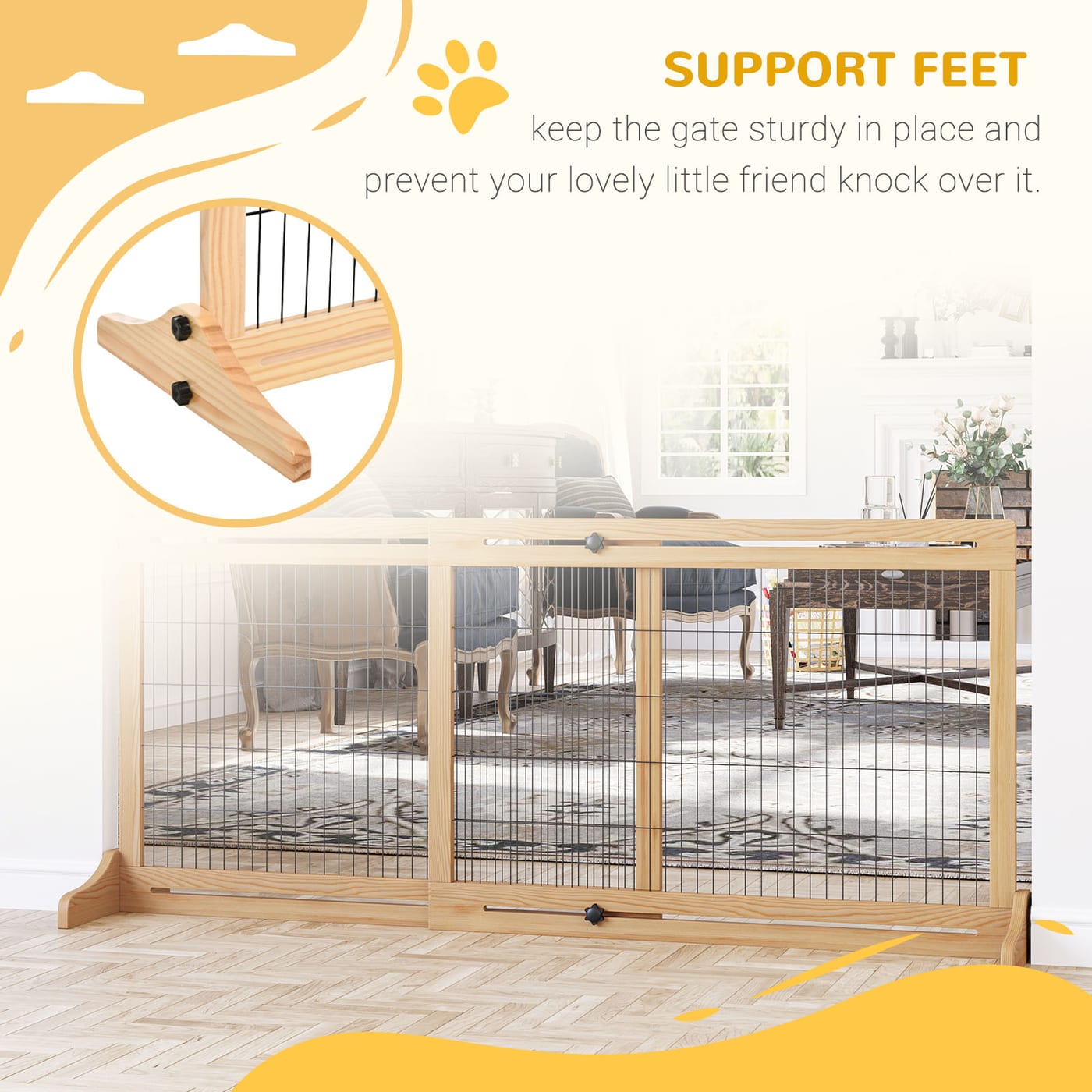 71" W x 27" H Extra Wide Freestanding Pet Gate with Adjustable Length Dog, Cat, Barrier for House, Doorway, Hallway, Natural — view 5