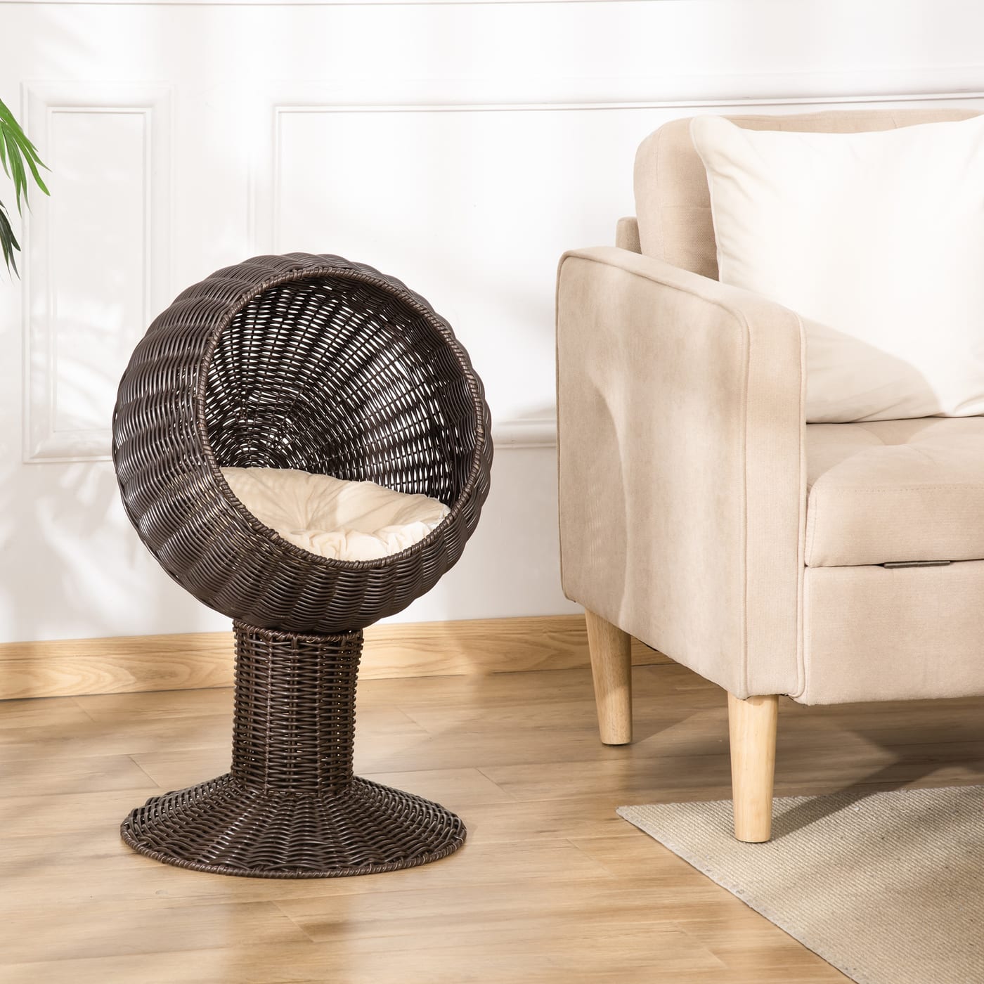 Elevated Cat Bed with Rotatable Egg Chair Pod, Cat Basket Bed with Thick Cushion, Natural Mat Grass Woven Kitty House, Coffee — view 3