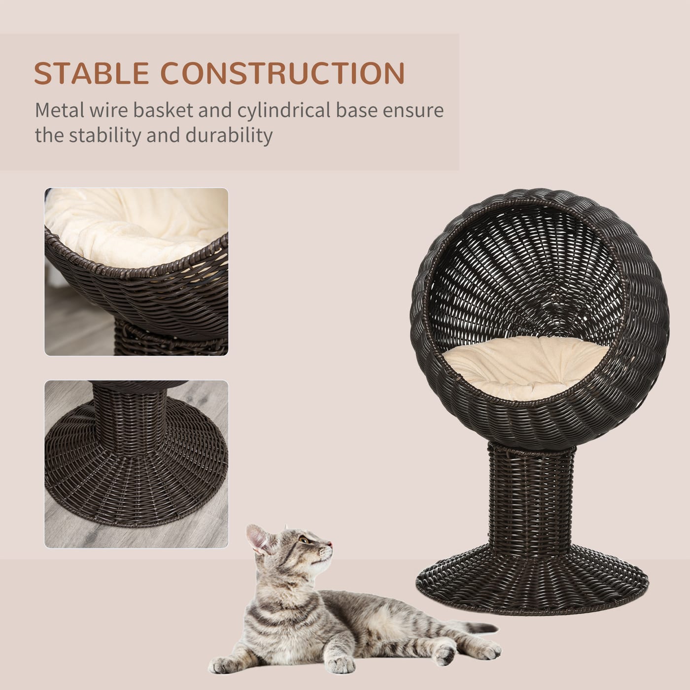 Elevated Cat Bed with Rotatable Egg Chair Pod, Cat Basket Bed with Thick Cushion, Natural Mat Grass Woven Kitty House, Coffee — view 4