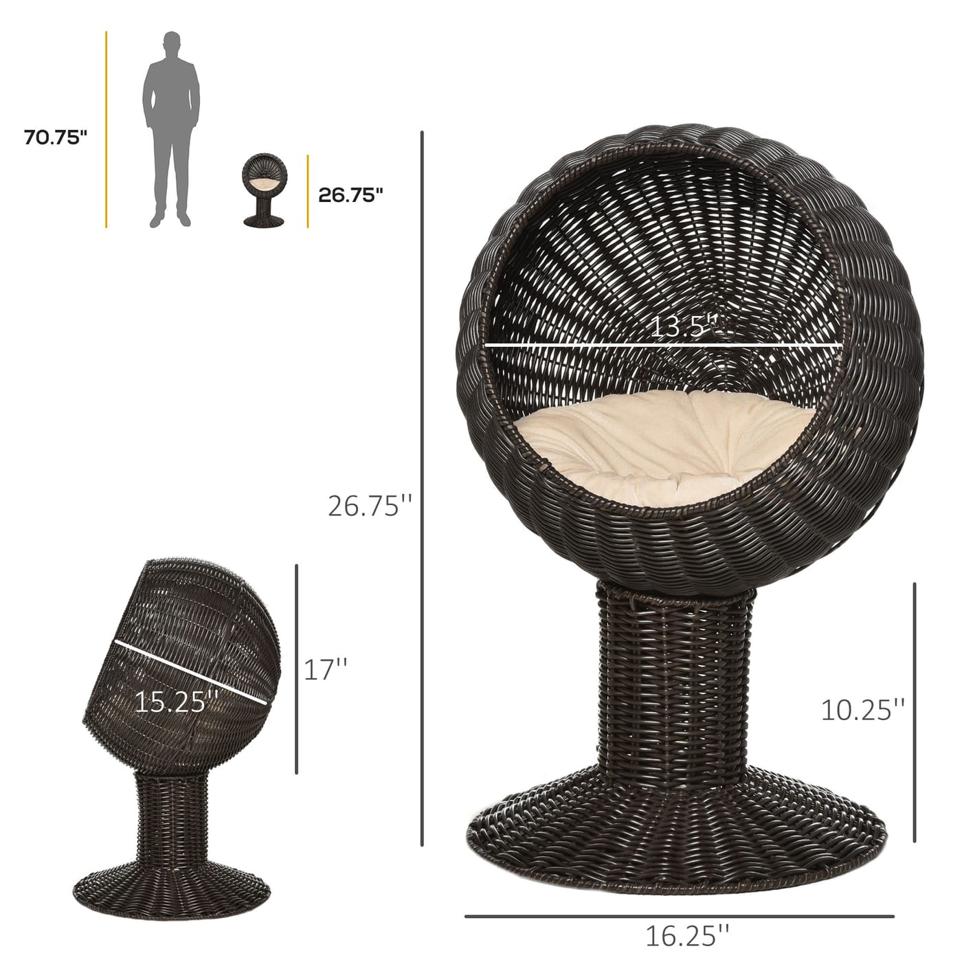 Elevated Cat Bed with Rotatable Egg Chair Pod, Cat Basket Bed with Thick Cushion, Natural Mat Grass Woven Kitty House, Coffee — view 5