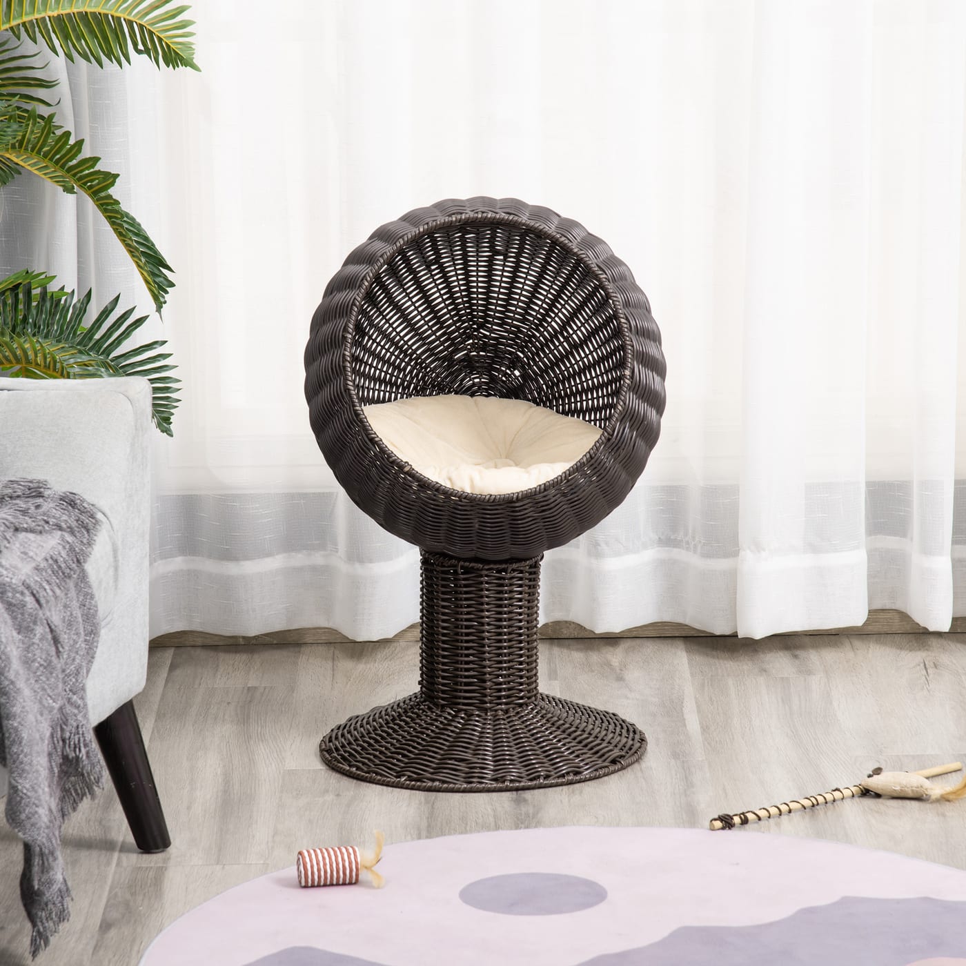 Elevated Cat Bed with Rotatable Egg Chair Pod, Cat Basket Bed with Thick Cushion, Natural Mat Grass Woven Kitty House, Coffee — view 7