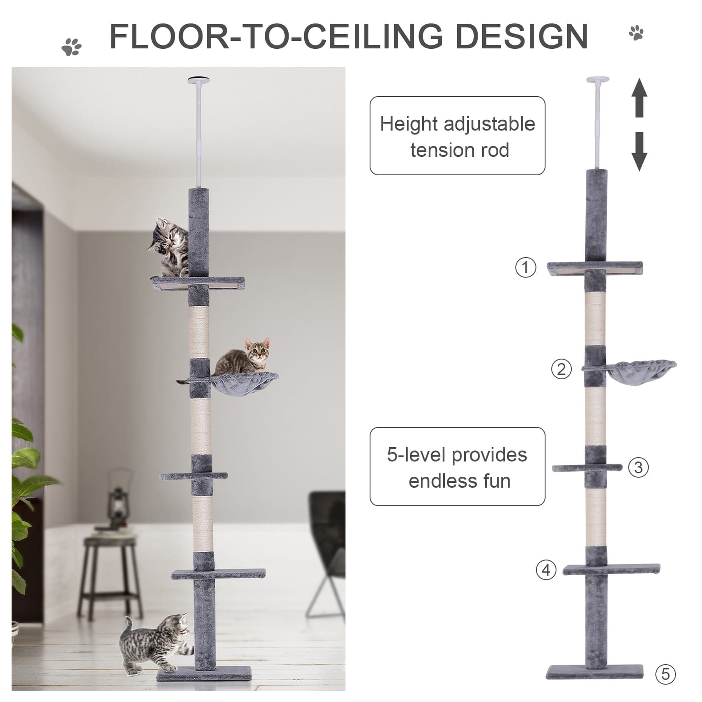 102" Adjustable Height Floor to Ceiling Cat Tree, 5 Level Cat Tower with Scratching Posts, Hammock, Gray — view 3