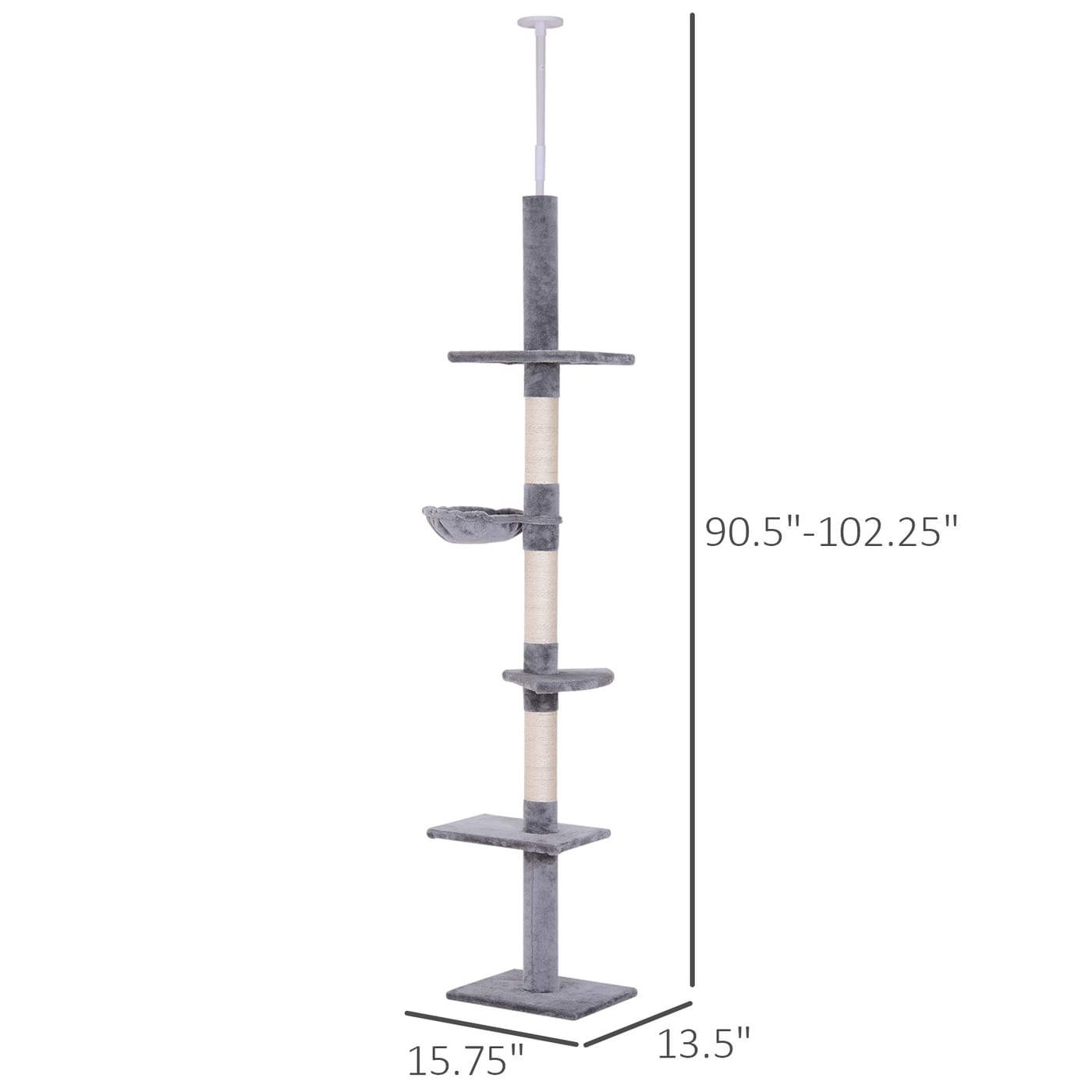 102" Adjustable Height Floor to Ceiling Cat Tree, 5 Level Cat Tower with Scratching Posts, Hammock, Gray — view 6