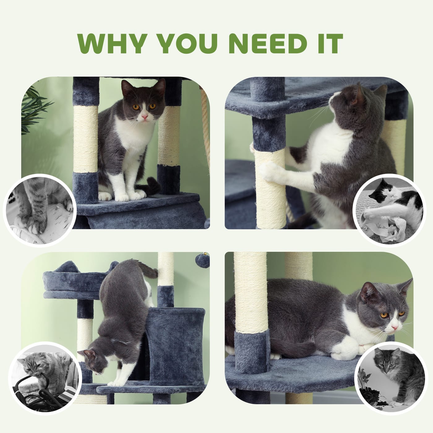 81" Cat Tree w/ Cat Scratching Posts, Scratching Board, Condos, Beds, Hammocks, Toy Balls, Rope Cat Toy, Gray — view 5