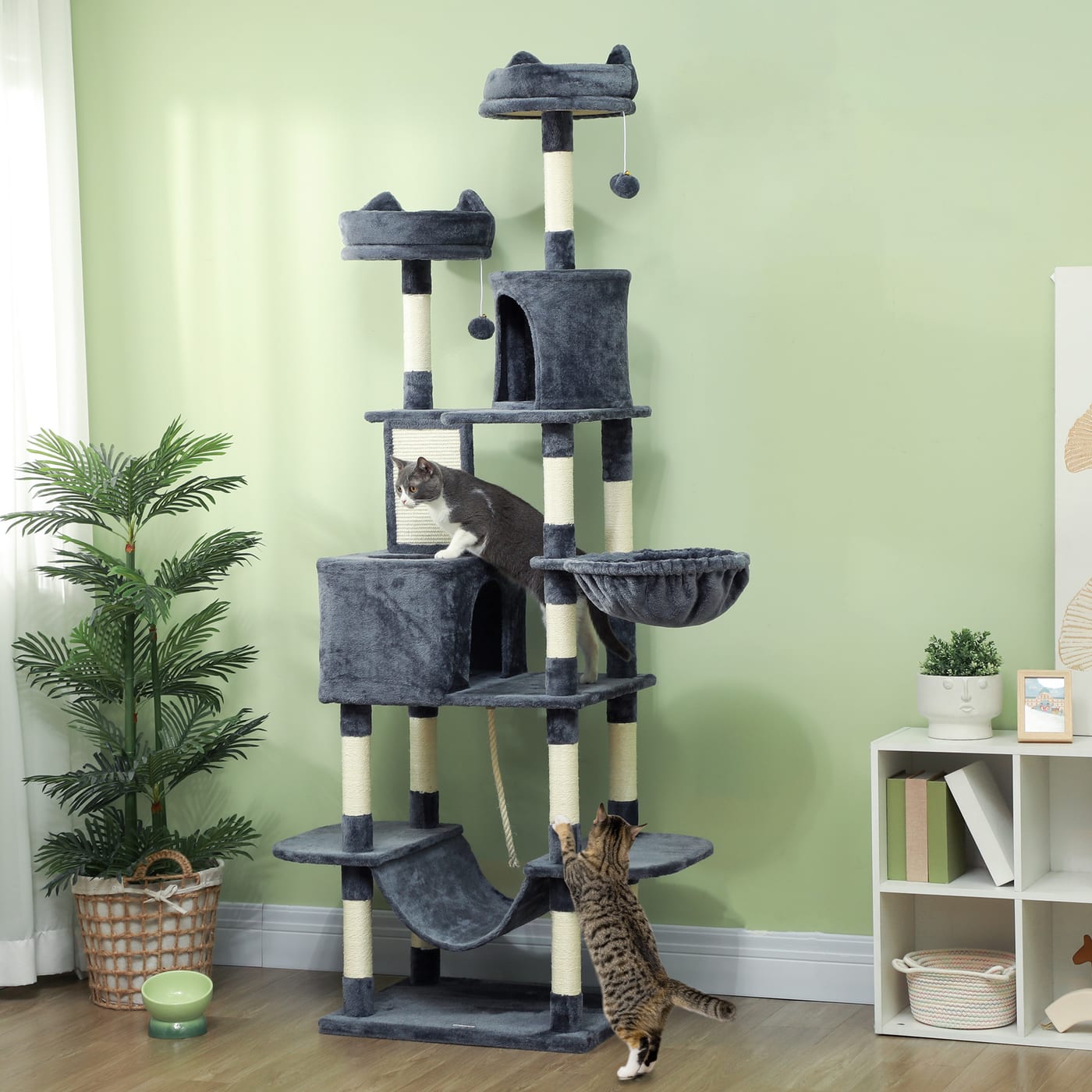 81" Cat Tree w/ Cat Scratching Posts, Scratching Board, Condos, Beds, Hammocks, Toy Balls, Rope Cat Toy, Gray — view 4