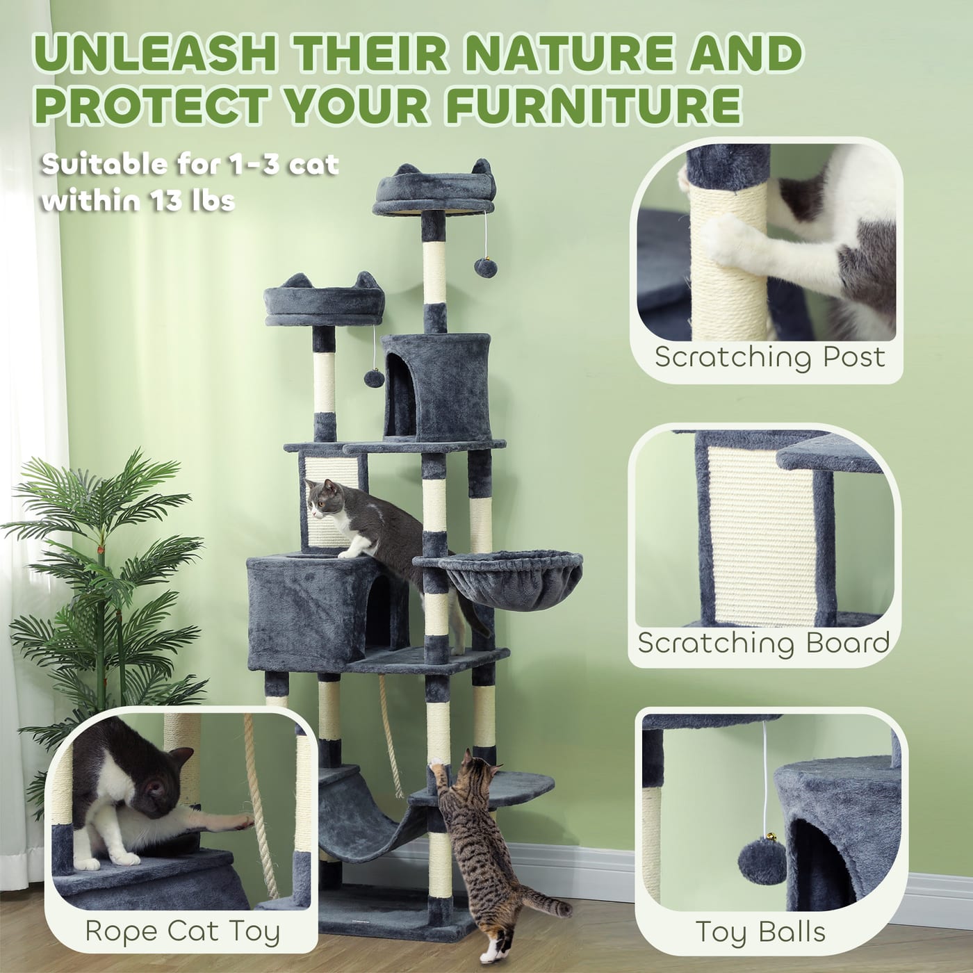 81" Cat Tree w/ Cat Scratching Posts, Scratching Board, Condos, Beds, Hammocks, Toy Balls, Rope Cat Toy, Gray — view 6