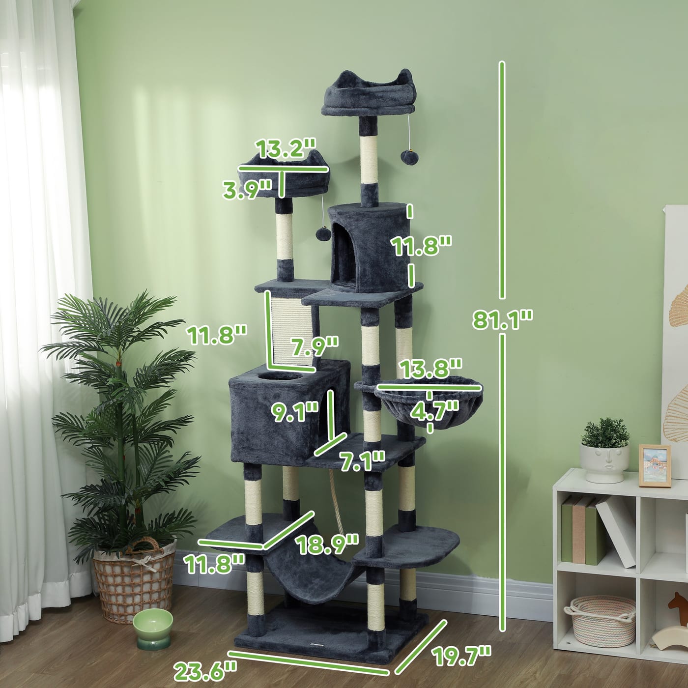 81" Cat Tree w/ Cat Scratching Posts, Scratching Board, Condos, Beds, Hammocks, Toy Balls, Rope Cat Toy, Gray — view 7