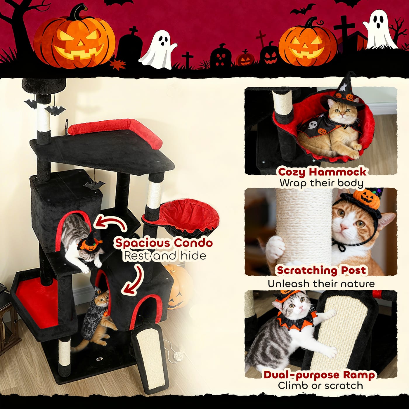 78" Gothic Cat Tree, Cat Tower with Coffin Bed, 2 Spacious Condos, Sisal Scratching Posts, Bat Hanging Balls, Halloween — view 3