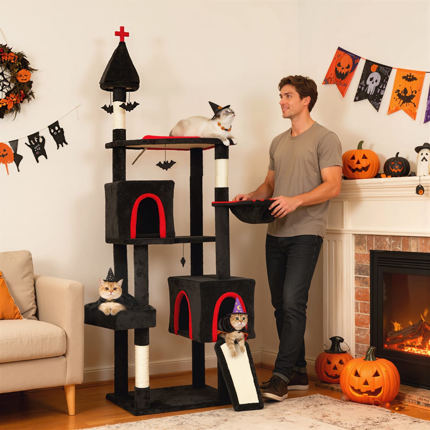 78" Gothic Cat Tree, Cat Tower with Coffin Bed, 2 Spacious Condos, Sisal Scratching Posts, Bat Hanging Balls, Halloween — view 5