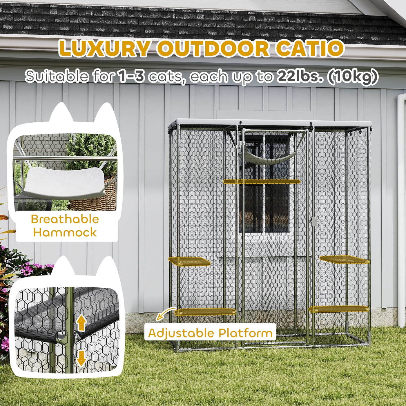 Catio Outdoor Cat Enclosure, Galvanized Steel Walk-in Cat Cage with Waterproof Cover, 5 Adjustable Platforms, Hammock — view 4