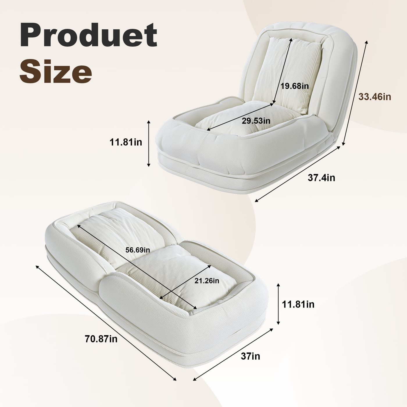 Upholstered  Human Dog Bed For Adults And Pets, Foldable Lazy Sofa Bed With 5 Adjustable Position, Includes 2 Soft Pillows For Bedroom, Living Room, Reading Corner Off White