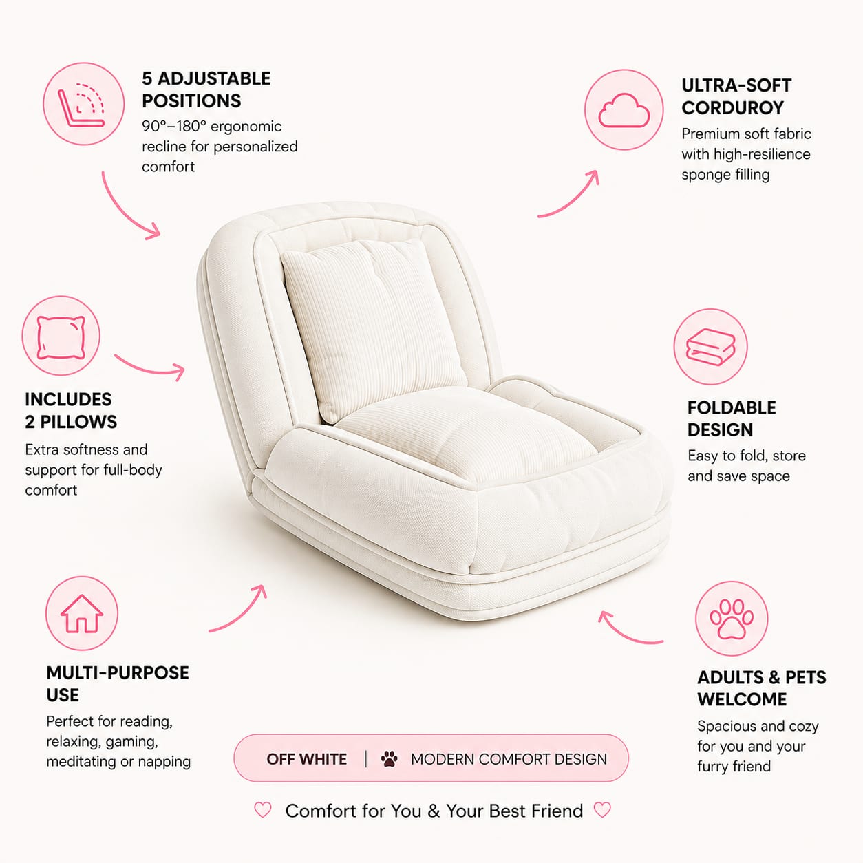 Upholstered Human Dog Bed For Adults And Pets, Foldable Lazy Sofa Bed With 5 Adjustable Position, Includes 2 Soft Pillows For Bedroom