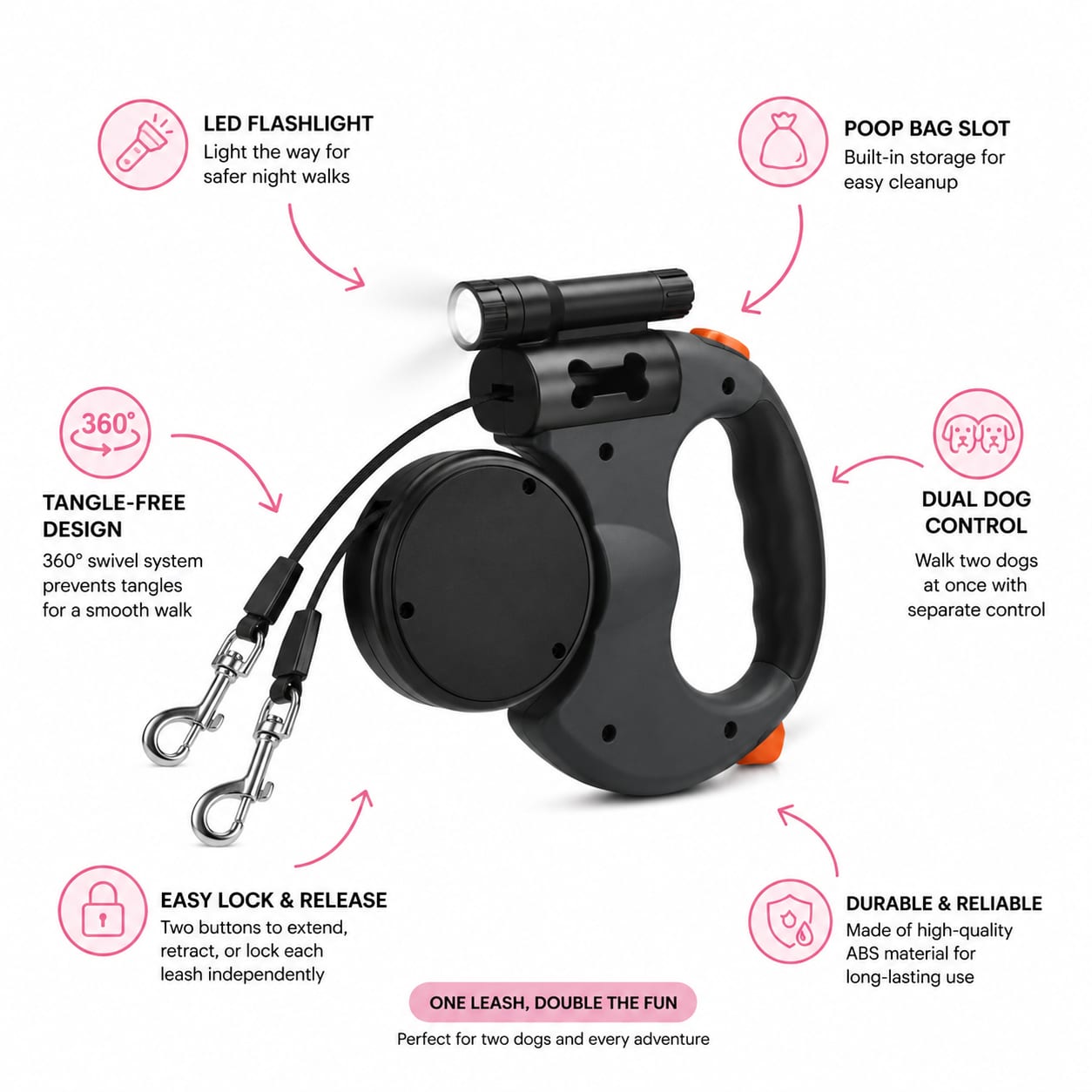 Dual Retractable Dog Leash | 360° Tangle-Free Lead with LED Light