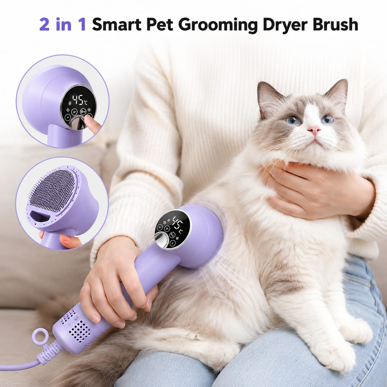 2-in-1 Pet Grooming Dryer Brush | Silent Hair Dryer & Comb for Dogs & Cats — view 2