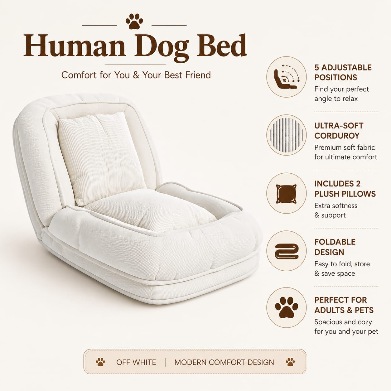 Upholstered Human Dog Bed For Adults And Pets, Foldable Lazy Sofa Bed With 5 Adjustable Position, Includes 2 Soft Pillows For Bedroom — view 4