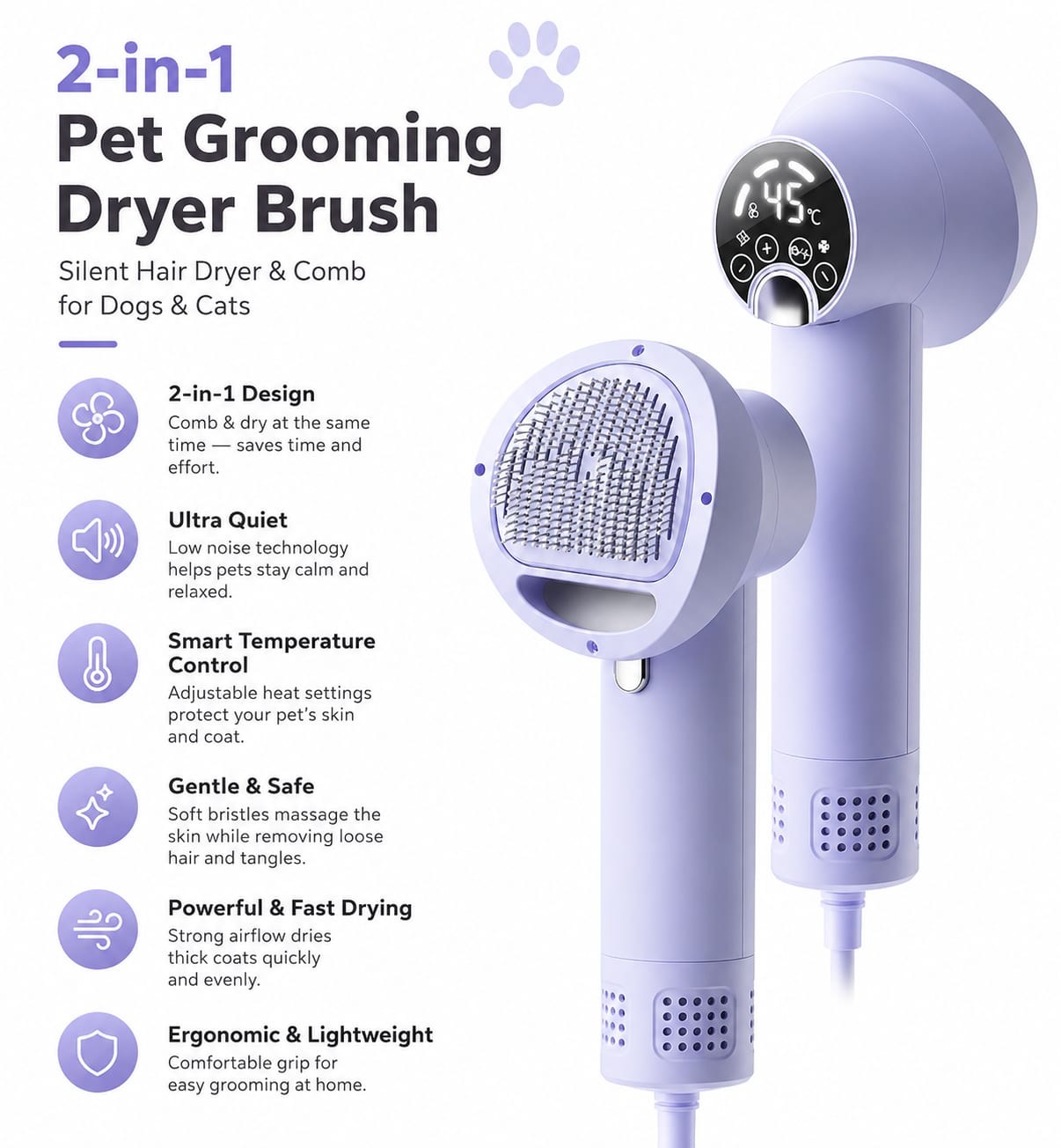 2-in-1 Pet Grooming Dryer Brush | Silent Hair Dryer & Comb for Dogs & Cats — view 3