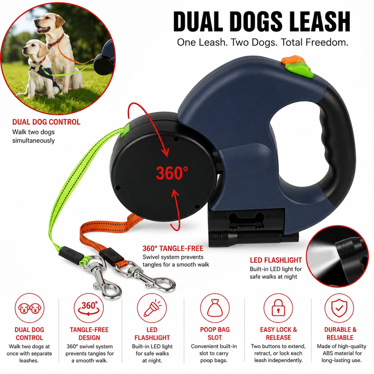 Dual Retractable Dog Leash | 360° Tangle-Free Lead with LED Light — view 7