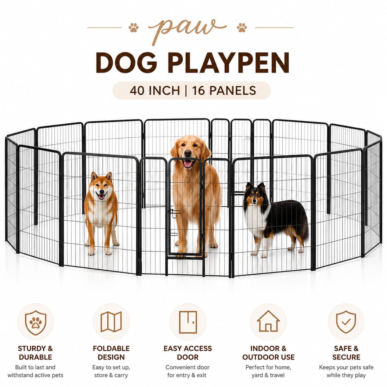 Foldable Dog Playpen, Metal Puppy Exercise Pen, Lockable Door, Large Medium Small Dogs, Indoor Outdoor