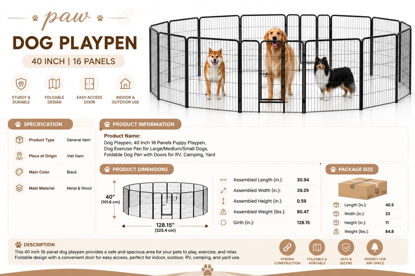 Foldable Dog Playpen, Metal Puppy Exercise Pen, Lockable Door, Large Medium Small Dogs, Indoor Outdoor — view 3