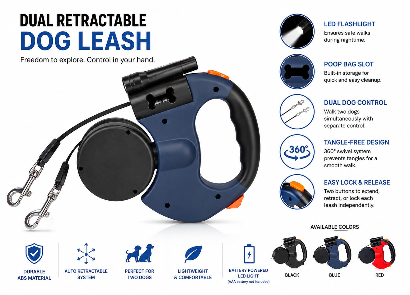 Dual Retractable Dog Leash | 360° Tangle-Free Lead with LED Light — view 3