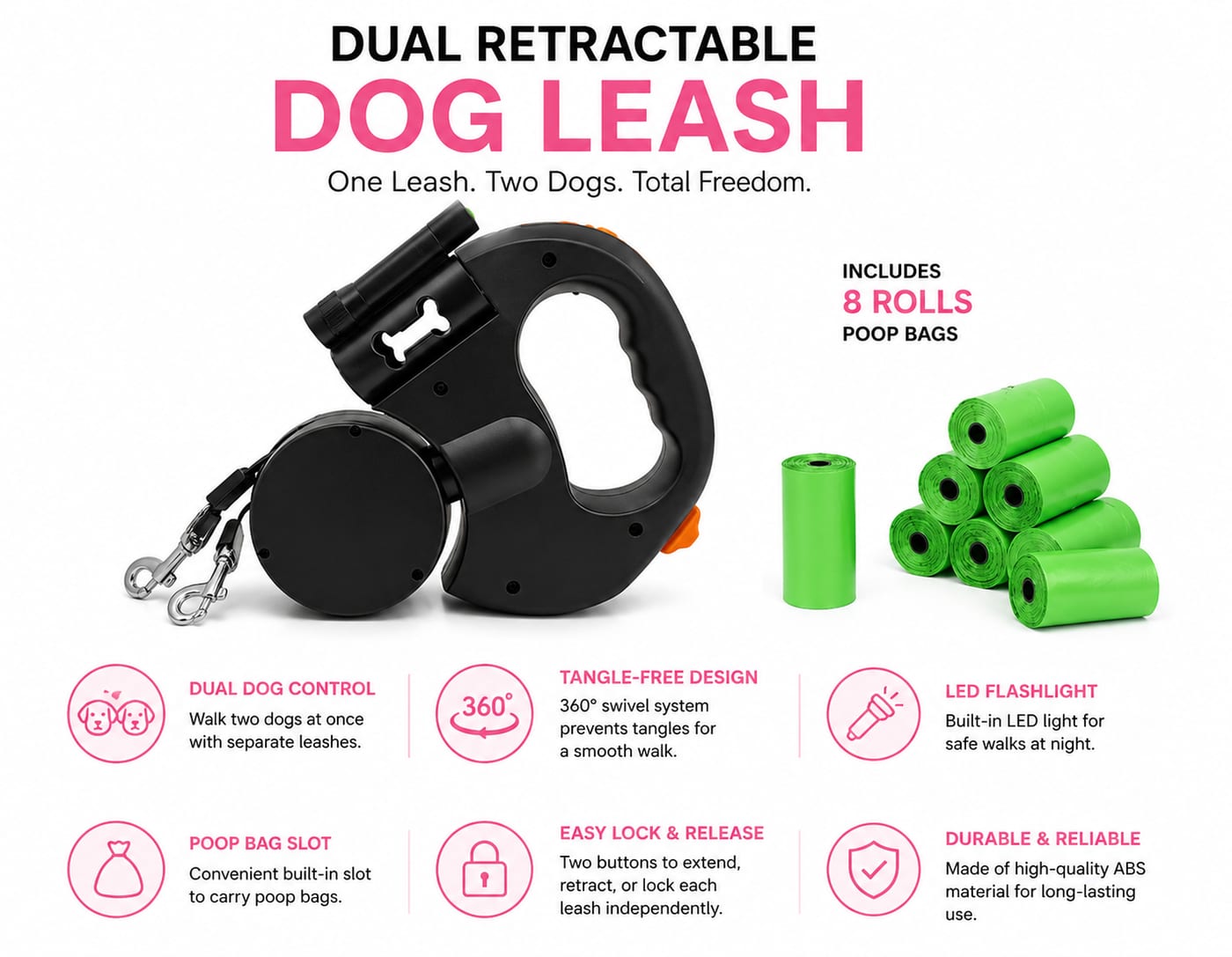Dual Retractable Dog Leash | 360° Tangle-Free Lead with LED Light — view 5